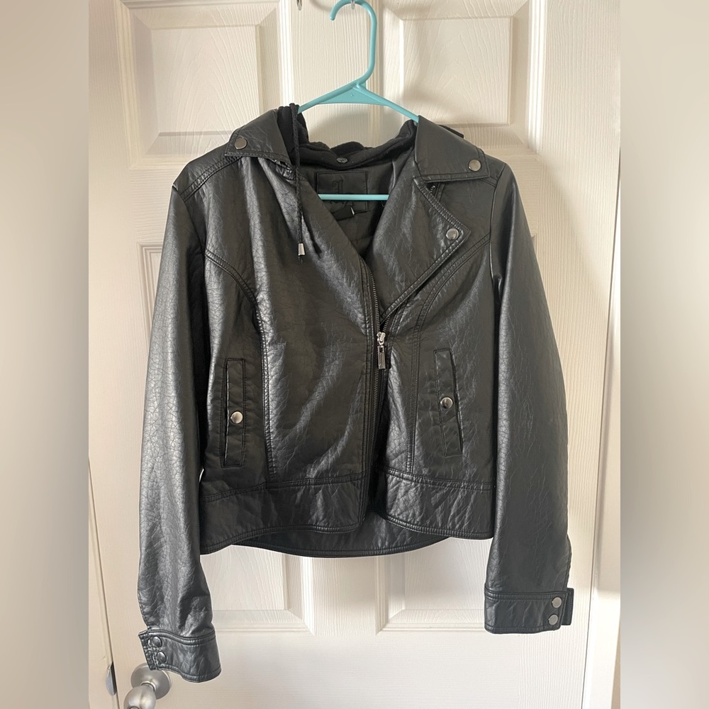 Black Faux Leather Jacket with Detachable Hood